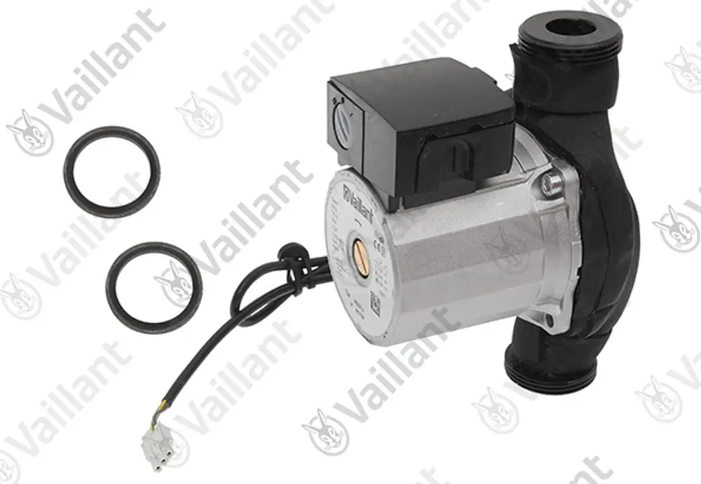 Vaillant Pumpe mit elektrischen Anschlüssen und zwei O-Ringen für den Solekreis. Kompakte Bauform aus Metall und Kunststoff.